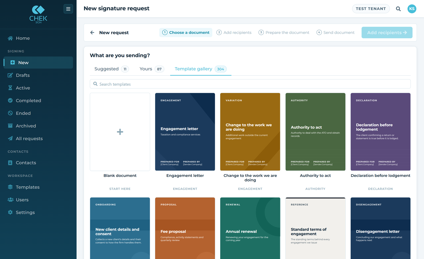 Starting a request in ChekSign: the ChekSign library, with covers for the
                              shipped starting points and a blank document tile.