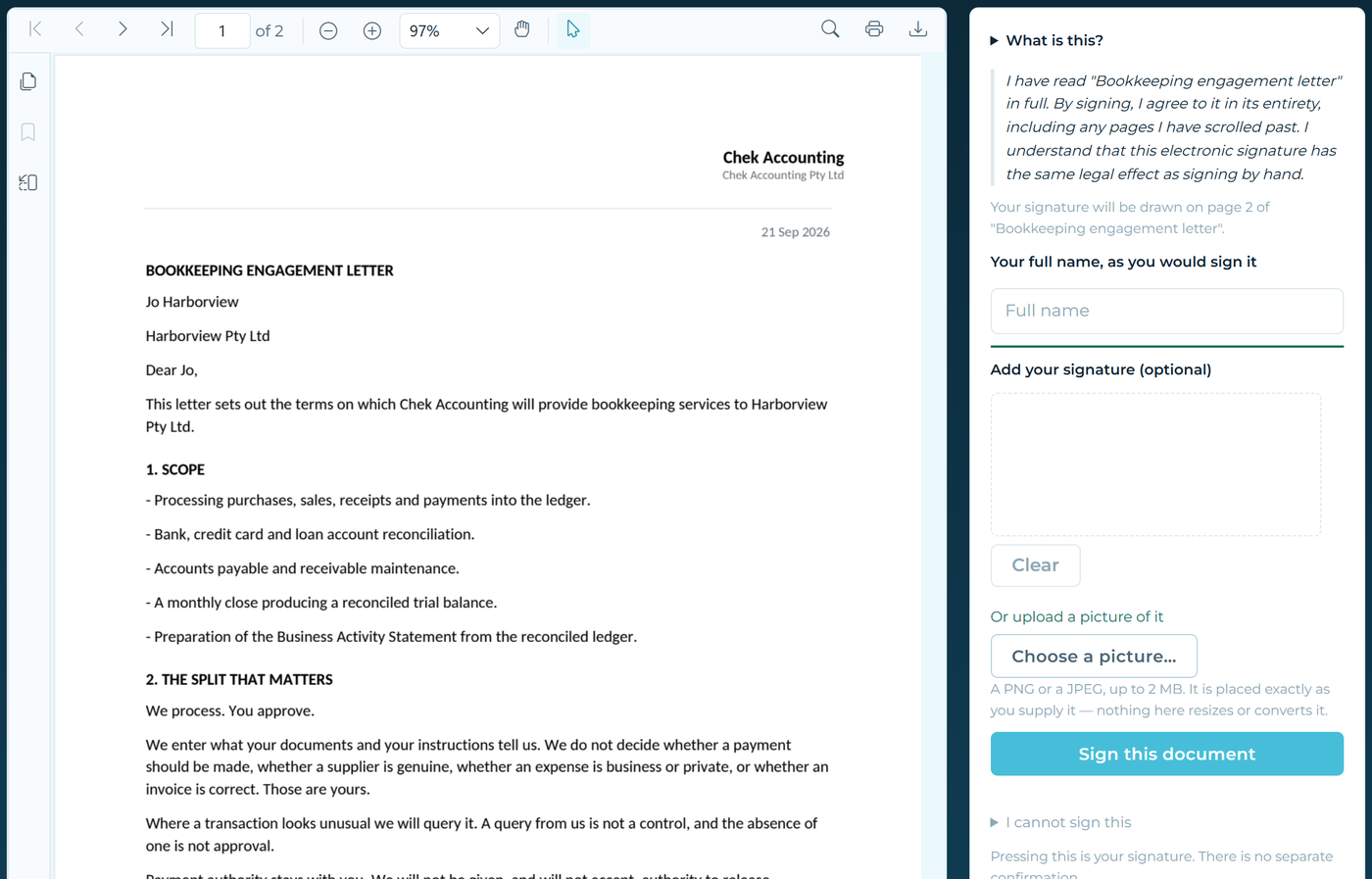 The ChekSign signing page: an engagement letter on the left, and on the right
                          the consent statement, a box for the signer's name and a signature pad.